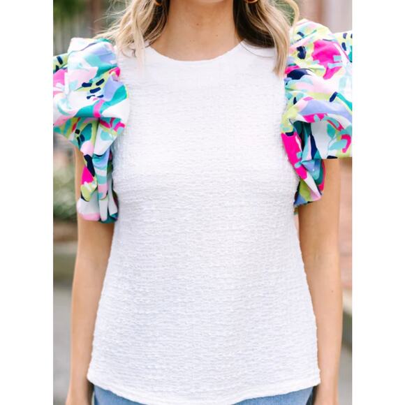 White Textured Top with Bright Puff Sleeves – THML Size S - Picture 1 of 8